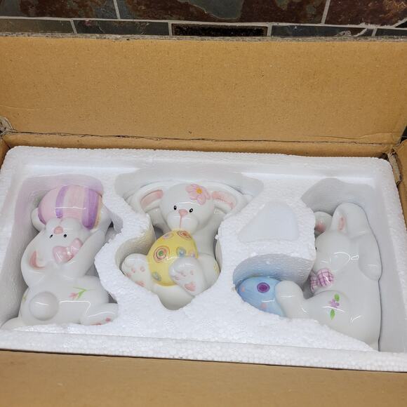 3 Vintage Home Interiors Homco Easter Bunnies Tumbling w Eggs NIB - Picture 3 of 7